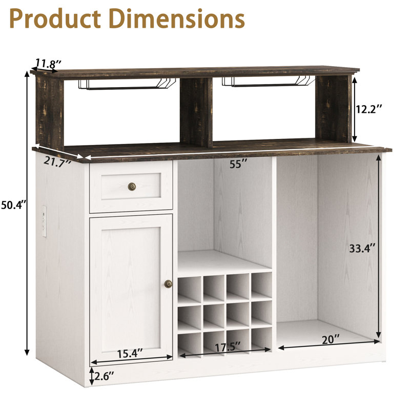 55'' Mini Fridge Cabinet With Led Light(No Fridge Included), Farmhouse Wood Wine Cabinets With Power Outlet, Coffee Bar Cabinet With Wine Rack & Glass Holder, Storage Drawers For Kitchen Dining Room
