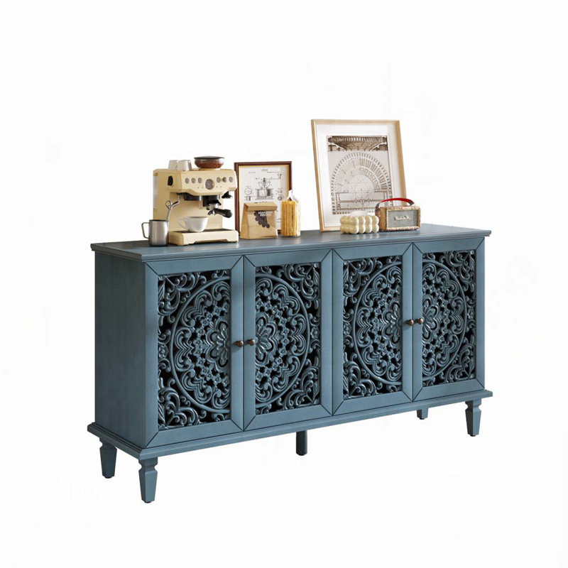 Console de rangement avec armoire avec sculptures florales et pieds en bois massif, Bleu antique