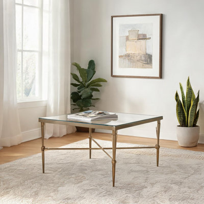 Table basse industrielle avec plateau en verre trempé et structure en bronze industriel, 44 pouces de largeur