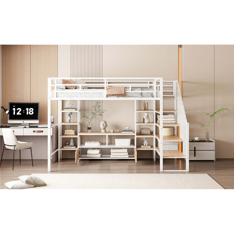 Lit mezzanine double en métal avec escalier, table de rangement basse et tablettes de rangement, Blanc