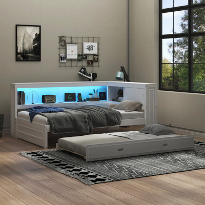Lit de jour en bois avec tablettes de rangement, USB, DEL et lit gigogne