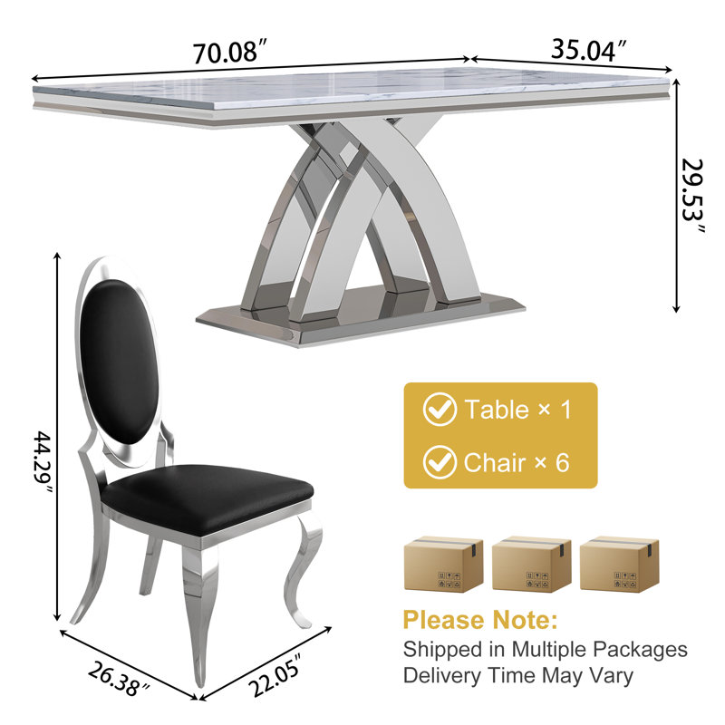 Modern Marble Dining Set, 70" Faux Marble Rectangle Table with X-Shaped Stainless Steel Base and Oval High-Back Chairs (Set of 7)