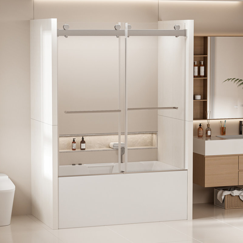 Porte de douche à dérivation 62 po H x P 60 po, verre trempé de 5/16 po, réglage horizontal pour un réglage de 56 po sur 4 po, chaleur