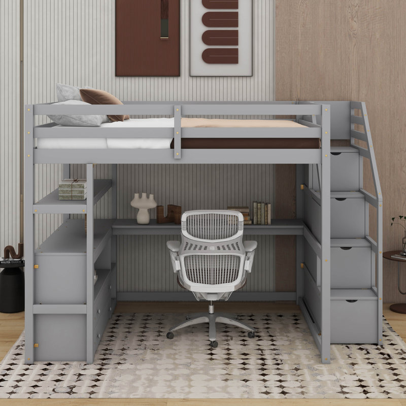 Lit mezzanine double avec bureau et tablettes, Gris