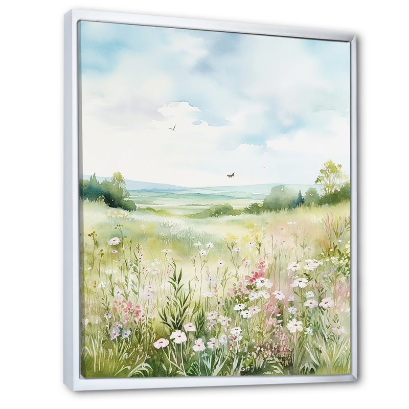 «Meadow Scenery Minimalisme Serenity I», reproduction, Cadre flottant blanc, H 32 po x l 16 po x P 1 po