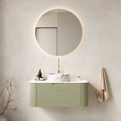 Meuble-lavabo de 36 po, lavabo en céramique blanche à motif de pierre, armoire rayée en 3D, tiroir à fermeture en douceur, rangement spacieux, lavabo rond et élégant