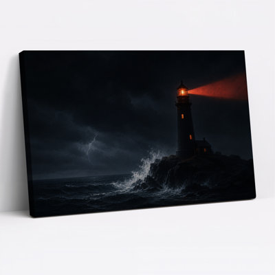 Art sur toile, "Phare avec poutre rouge au-dessus de l'océan orageux"