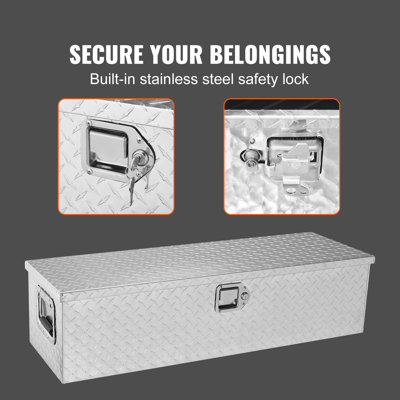 Coffre à outils robuste en aluminium pour benne de camion, 99 x 33 x 25 cm, en tôle larmée, avec poignée latérale et serrure à clé. Coffret de rangement pour camionnette, benne de camion, VR, remorque, argent.