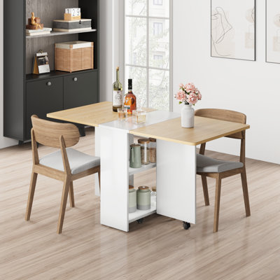 Space-Saving Folding  Dining Table for 4 - Extendable Kitchen & Office Desk - 2 Storage Racks - 6 Wheels, Collapsible Rectangle - Light Wood Grain Flap + White Cabinet, 1200*600*750mm