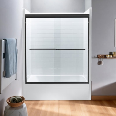 Porte de baignoire coulissante double de 142 à 152 cm (L) x 152 cm (H), avec cadre et vitrage trempé anti-explosion, 2 porte-serviettes, pour salle de bain à l'italienne, noir mat