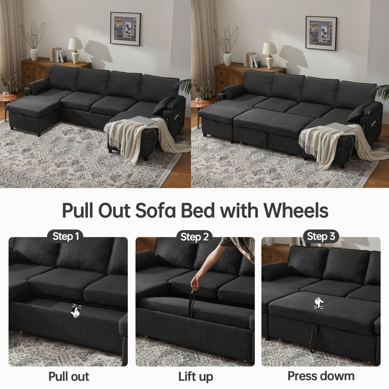U-shape 2 In 1 Sleeper Sofa Pull-Out Couch With USB Charging, Storage Chaise, Cup Holder For Apartment, Living Room, Gray