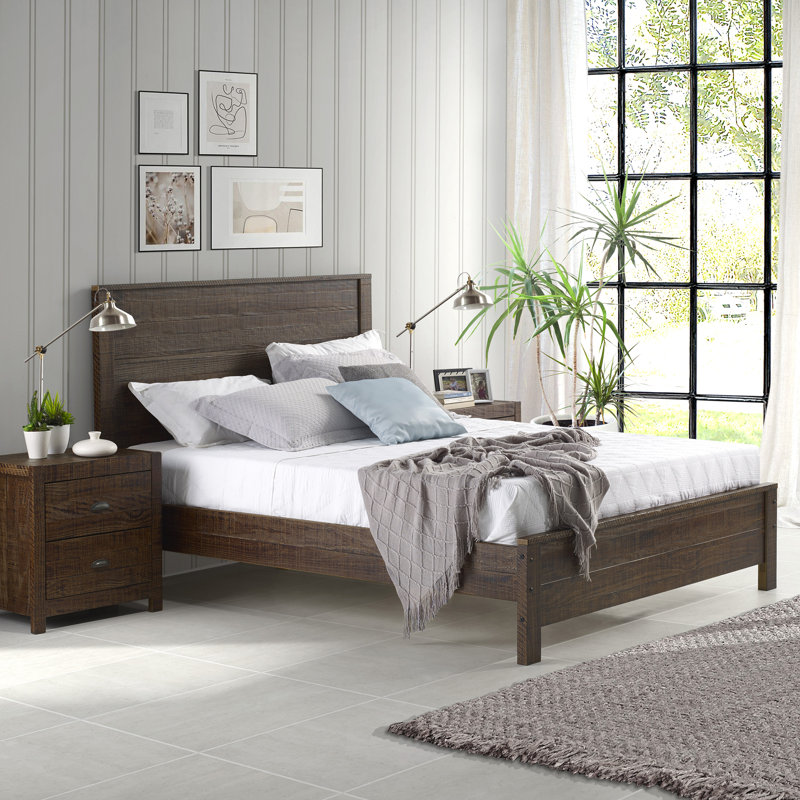 Cadre de lit en bois massif robuste avec 2 tables de chevet Albany, Espresso, Double