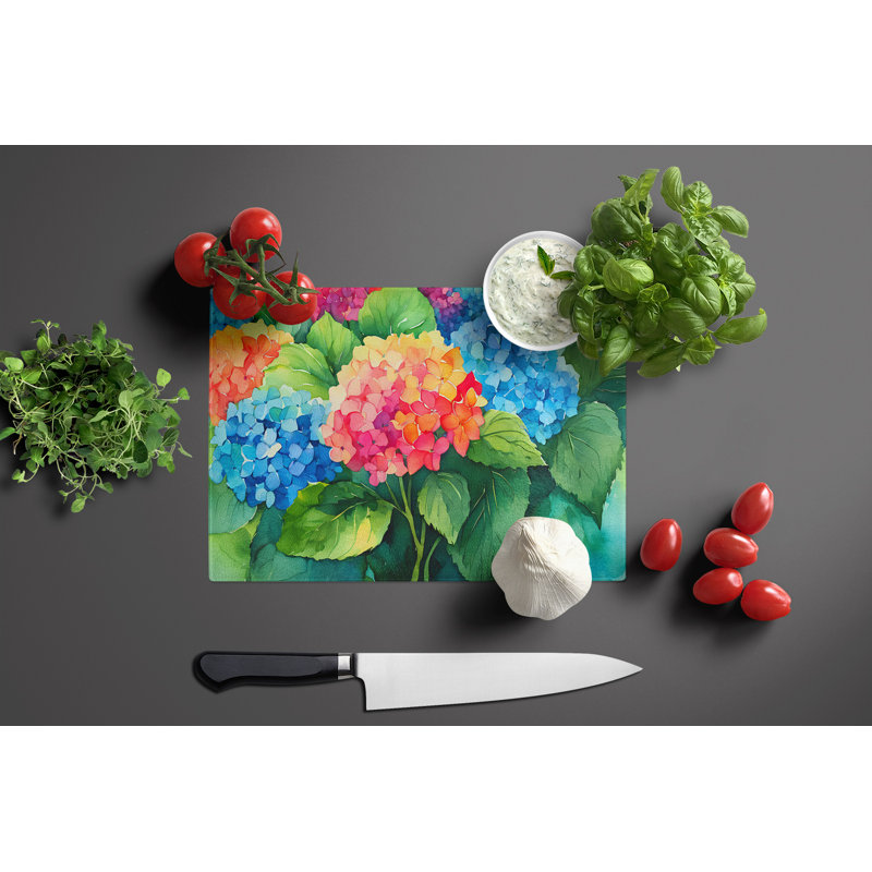 Hydrangeas in Watercolor Glass Cutting Board Large