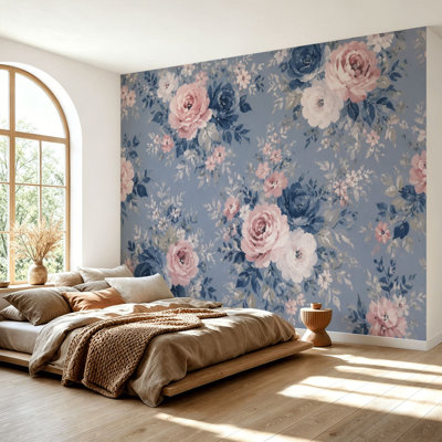 Wall Mural Peel and Stick Wallpaper Vintage Blue Pink Floral Romantic Roses Light Blue Self-Adhesive Removable Contact Paper Wall Decor for Living Room Bedroom 69"H x 96"W