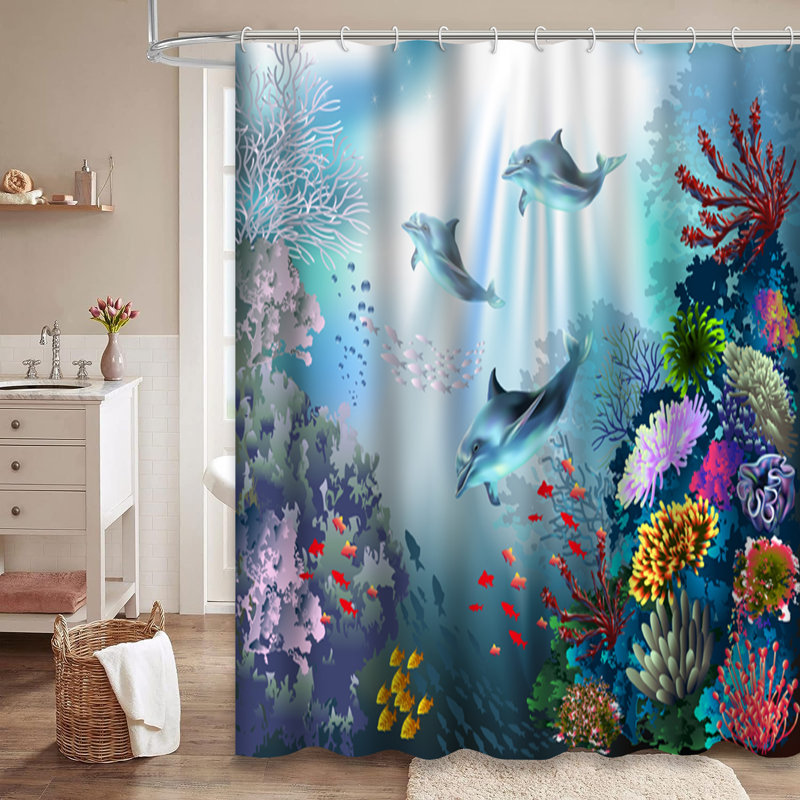 Rideau de douche avec 12 crochets Underwater World Dolphins Plants Ocean, L 72 po x l 84 po