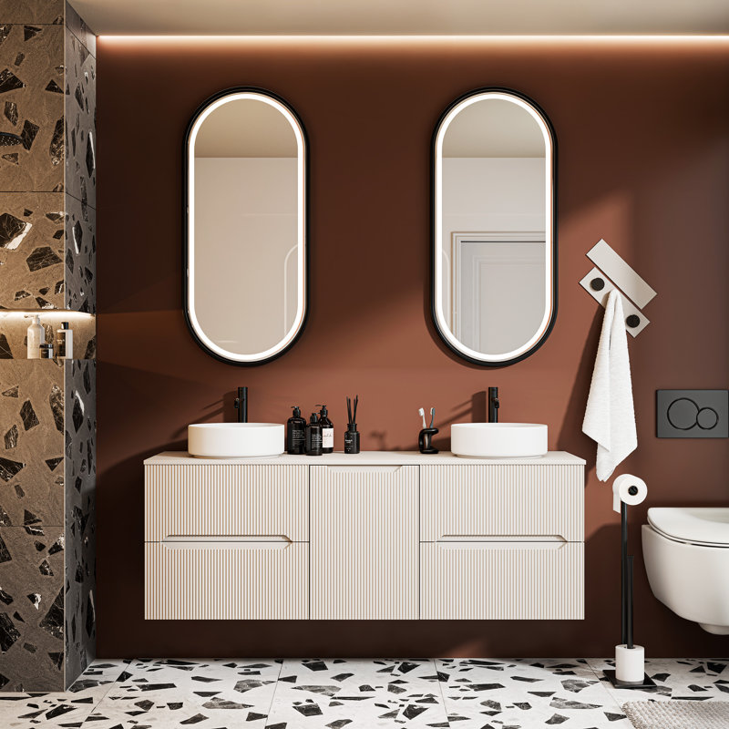 PERLA 160 cm Double Bathroom Cabinet with Countertop and Laundry Basket, , Cashmere