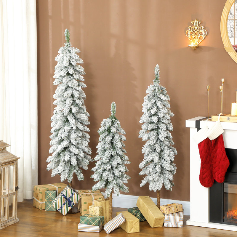 HOMCOM Set of 3 Pencil Flocked Christmas Tree Slim Downswept 3ft 4ft 5ft