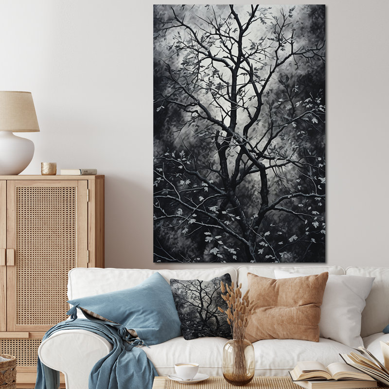 Arbre gothique gris la nuit II - arbre, art mural, Toile tendue, H 32 po x l 16 po