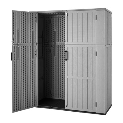 Outdoor Storage Shed 59 Cu Ft Vertical Resin Storage Cabinet Gray, for Garage, Backyard Patio Accessories and Garden Tools, Weather-Resistant Lawn Mower Shed with Lockable Doors and Floor