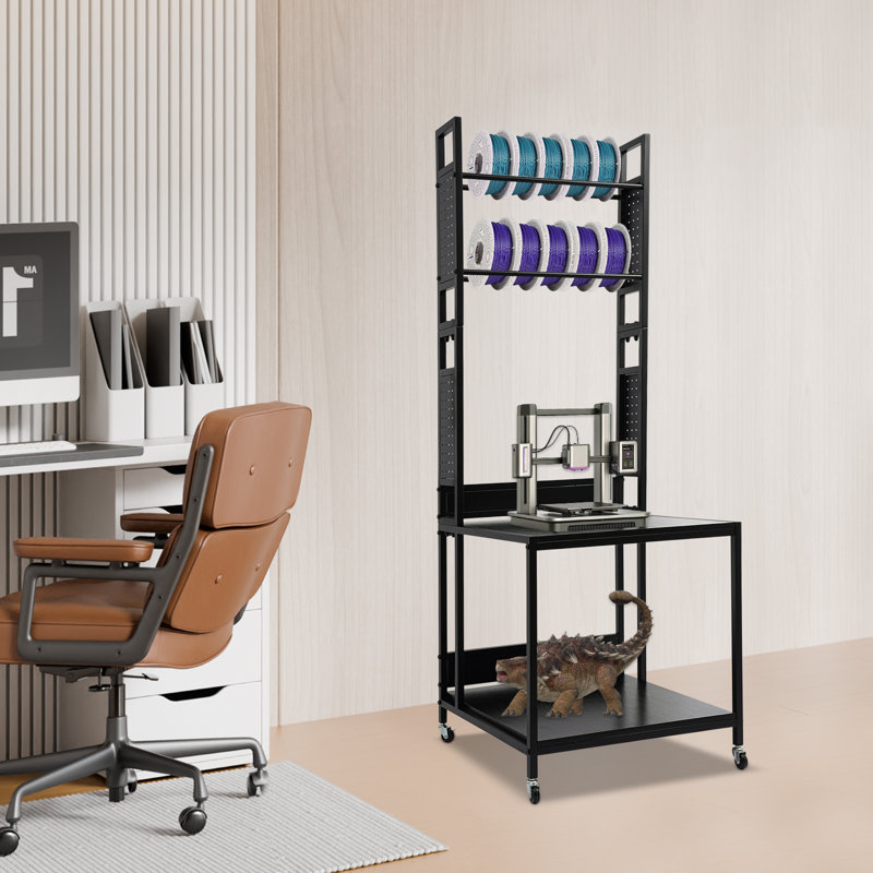 Support pour imprimante 3D réglable avec support de filament, chariot d'imprimante mobile avec roulettes et 2 tablettes, Noir