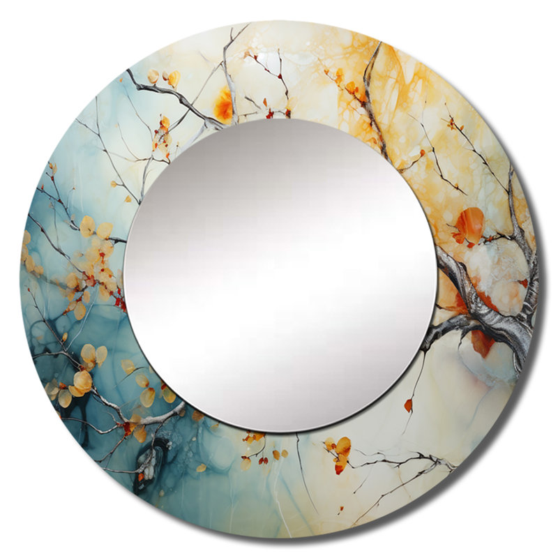 Orange brillant bleu sarcelle érable brillant I - érable grand miroir mural, miroir décoratif rond traditionnel, impression d'art en métal