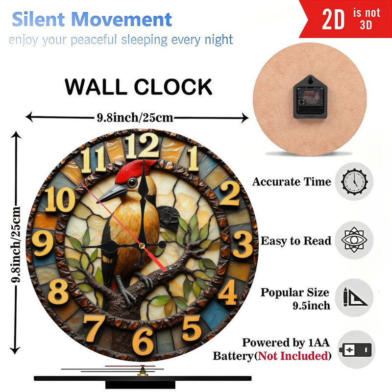 Horloge murale 10 po en MDF rond avec mouvement à quartz silencieux et crochet sans perceuse (piles AA non incluses)