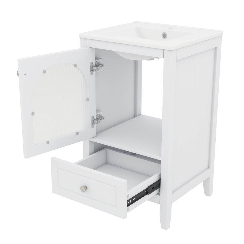 Meuble-lavabo de 20 po avec lavabo, armoire autoportante avec porte en verre à fermeture douce et un tiroir, meuble-lavabo en bois massif