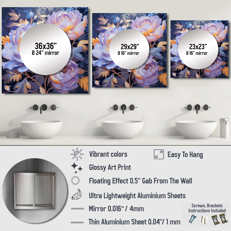 Rétro pivoines fleurs - coquelicots grand miroir carré pour décoration murale, 29 po x 29 po