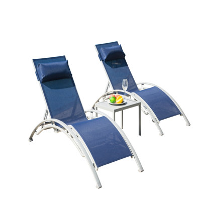 Chaises longues bleues pour la piscine - Aluminium avec tissu et coussins amovibles pour terrasse, chaise d'extérieur (3) chaises réglables 5 positions, séchage rapide et table d'appoint en métal