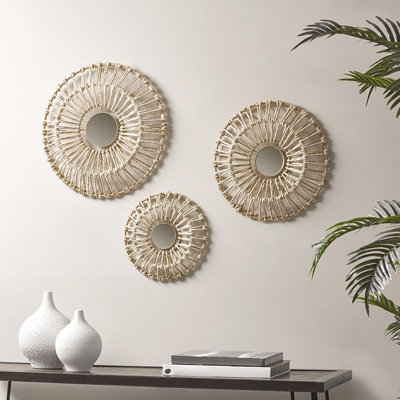 Décoration murale en fibre naturelle et miroir 3 - Idée décorative pour la maison 20,5 ", 17,25", 13,25 "diamètre brou de maïs, caractéristique, option de montage facile avec et par artisanat moderne, à suspendre