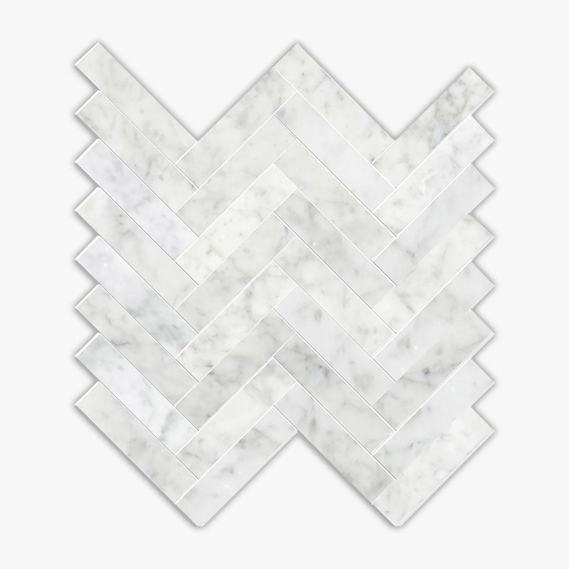 Bianco Carrara Polished Herringbone Marble Mosaic, Gray