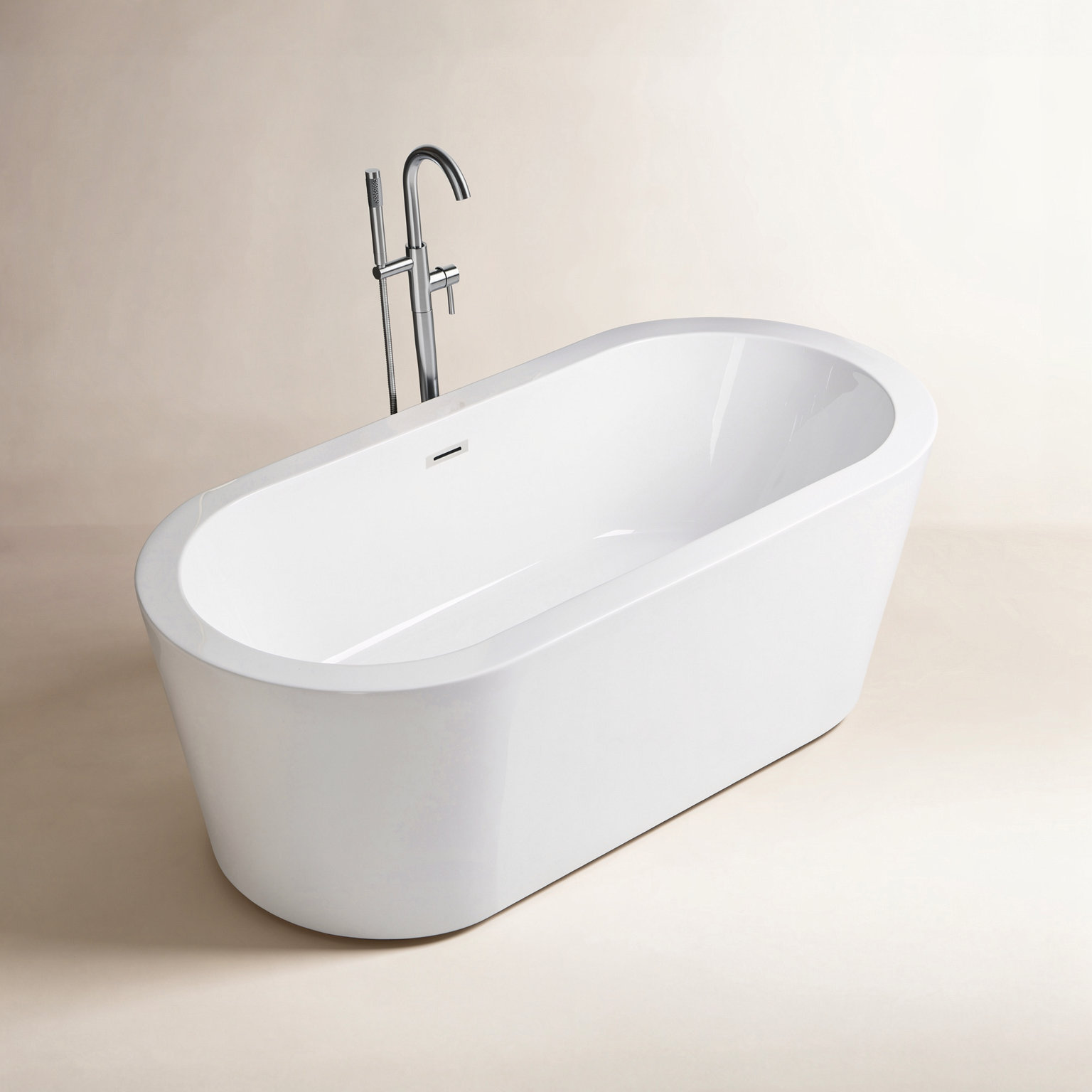 66.38" x 31.75" Freestanding Soaking Acrylic Double Ended Bathtub with Wide Rim, Chrome