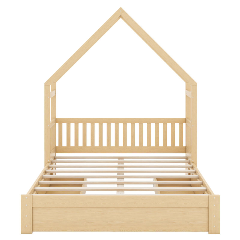 Le lit plateforme House avec garde-corps et tiroirs offre une installation rapide et un rangement ludique dans la chambre