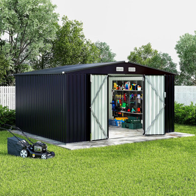 Remise de rangement extérieure en métal 8 x 10 pi - porte verrouillable sécurisée, évent, bâtiment utilitaire résistant aux intempéries de grande capacité pour la cour, le jardin, le patio et la pelouse (gris foncé)