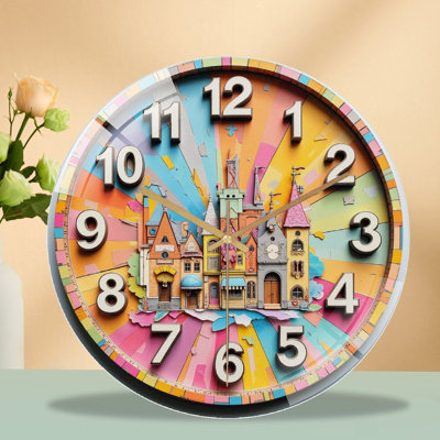 Horloge murale colorée avec art de château de contes de fées - horloge murale moderne en verre 12 po