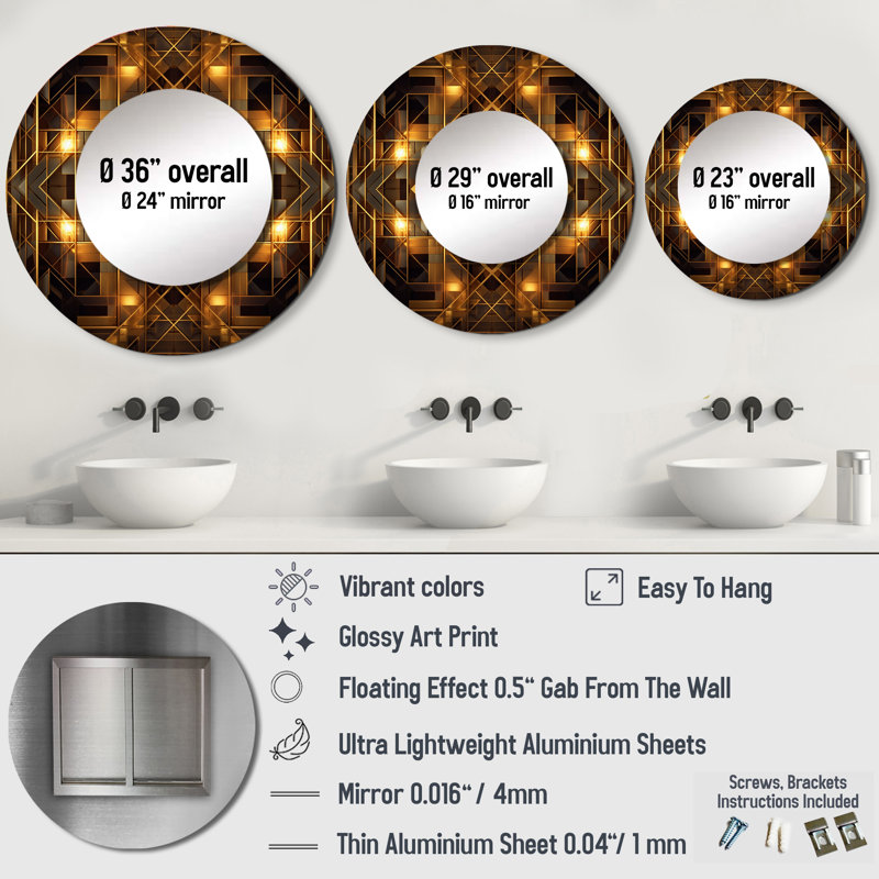 Gold Black Fractal Tide V - Geometric Large Round Mirror, 23" x 23"