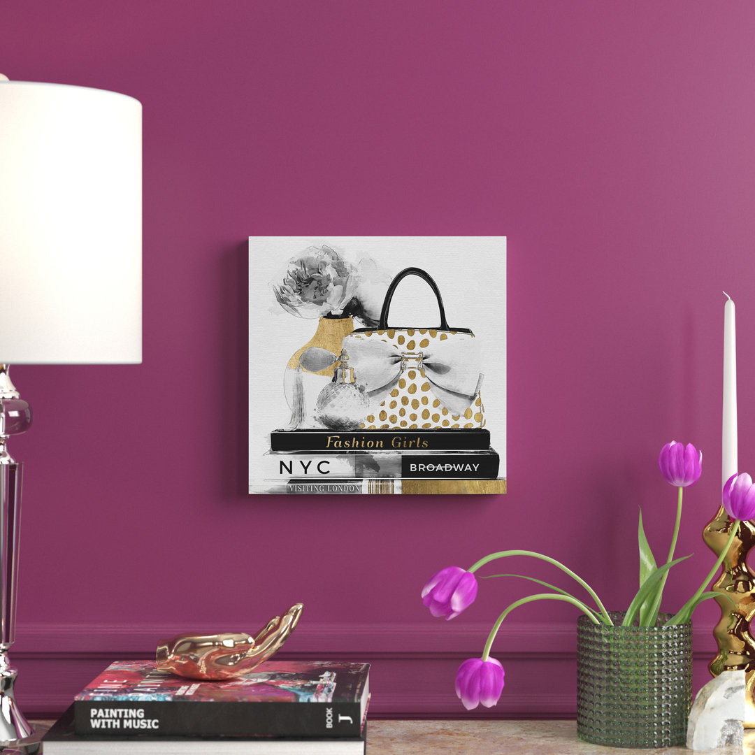 Fashion and Glam My Girly Essentials Square, Modern & Contemporary Gold - Wrapped Canvas Painting Print Etta Avenue™