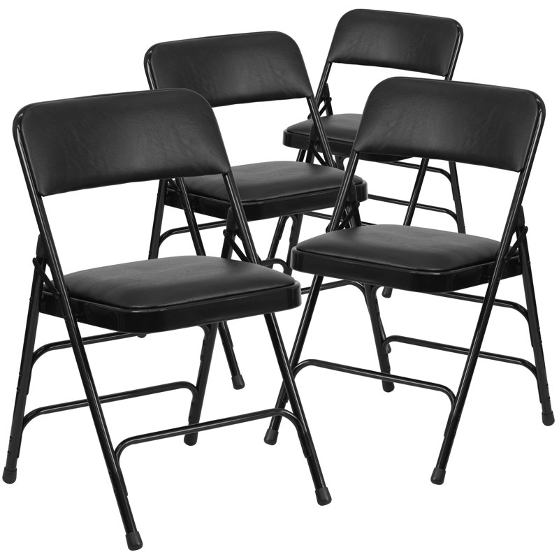 Curved Triple Braced & Double Hinged Upholstered Metal Folding Chair, Black