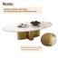Table basse ovale minimaliste contemporaine, plateau aspect marbre veiné et piètement doré poli.