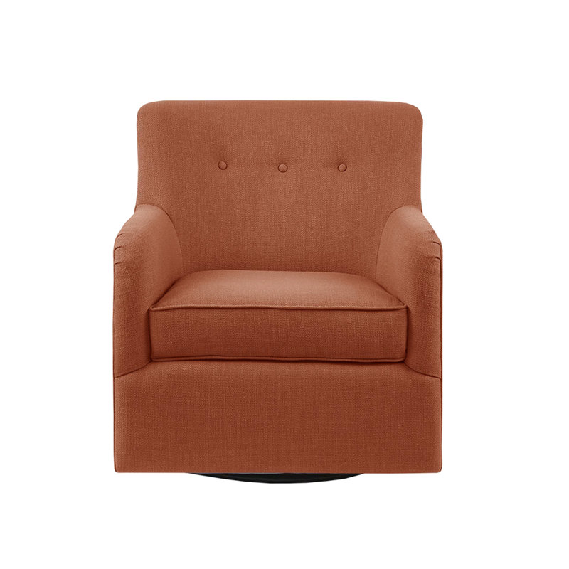 Chaise pivotante, construction en bois massif, dossier à boutons, pivotant à 360 degrés, mousse haute, revêtement en tissu d'ameublement orange, base en métal haute densité