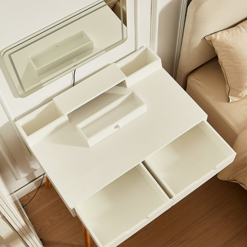 Meuble-lavabo 31,5 po blanc avec éclairage à DEL 3 couleurs, miroir amovible et 2 tiroirs profonds
