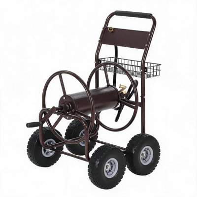 Le chariot à enrouleur de jardin à 4 roues peut contenir jusqu'à 300 pieds de tuyau de 5/8 po | tuyau de 6,5 pi, panier de rangement, pneus sans air de 10 po et structure en acier thermolaqué (tuyau non inclus)