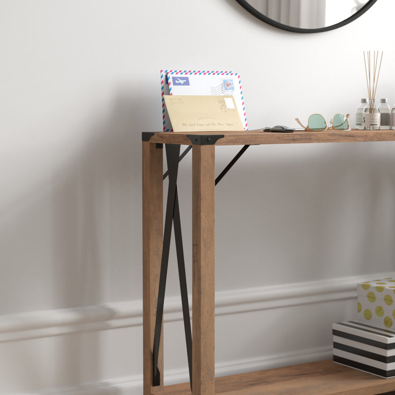Console à 2 niveaux Tennley avec supports latéraux en métal et embouts de coin, Chêne rustique