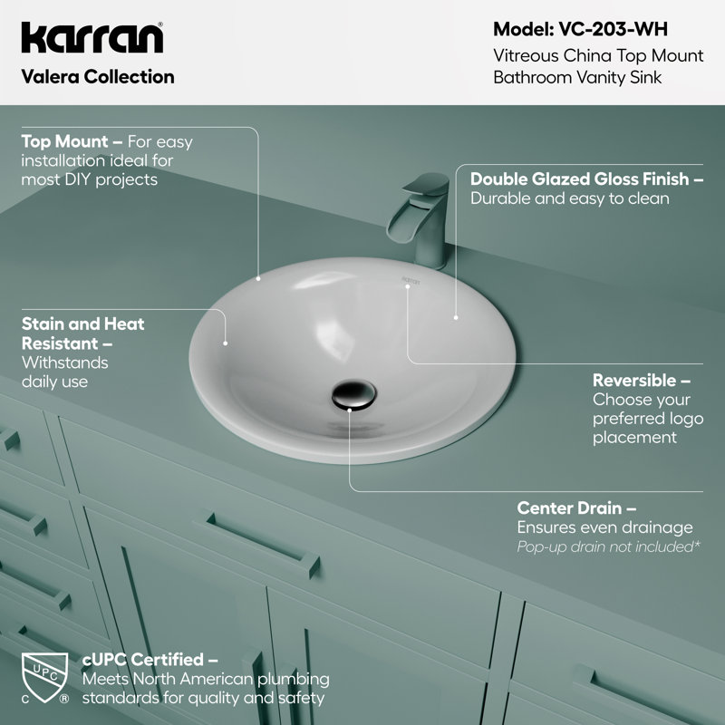 Karran Valera 18 In. Top Mount Vitreous China Round Bathroom Sink