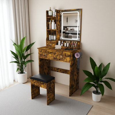 Modern Small Vanity Desk ,Featuring 3 Modes Of LED Lighting With Adjustable Brightness, 3 Drawers And Multiple Open Storage Shelves, A Hair Dryer Holder And Power Socket, And A Dressing Chair