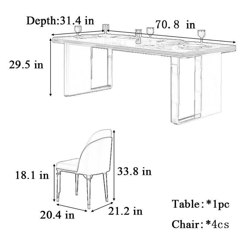 Rectangular modern simple dining table and chair, 29.5"H x 70.8"L x 31.4"W