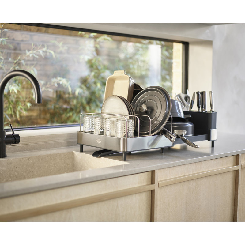 Steel Expanding Dish Rack with Utensil Cup and Draining Spout