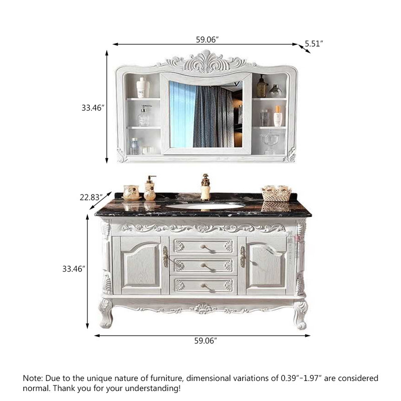 Meuble-lavabo autoportant en bois de chêne massif 59,06 po avec miroir, 59"