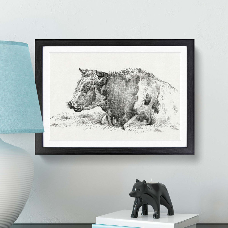 Resting Cow by Jean Bernard - Picture Frame Drawing Print, 27cm H x 36cm W x 2cm D, Black Framed