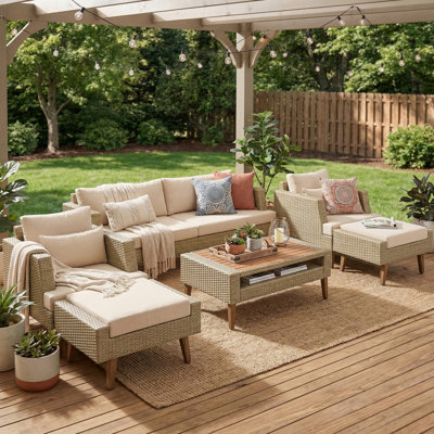 6-Piece All Weather PE Wicker Outdoor Seating Group With Removable Cushions, Patio Conversation Set With Wood Tabletop for Backyard, Poolside